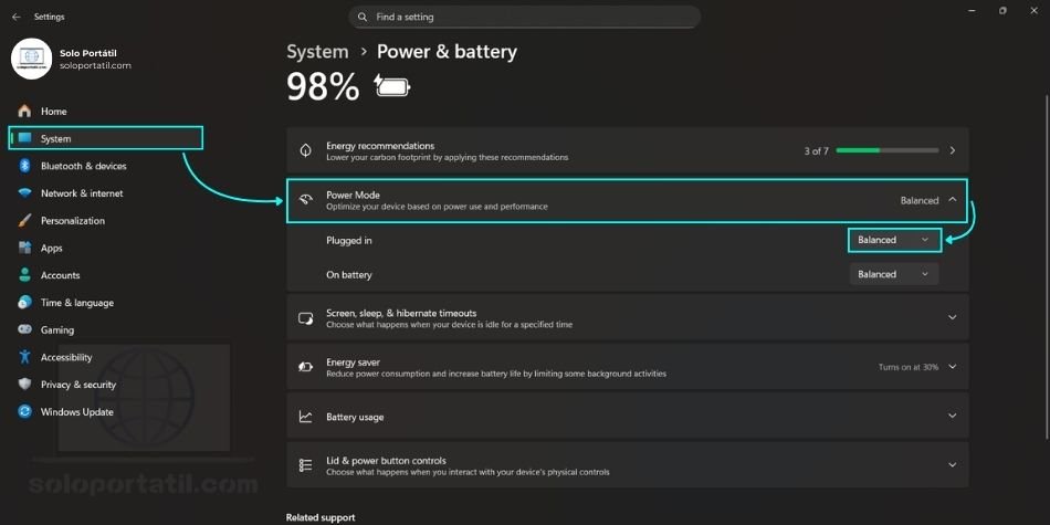 Ajusta la Configuración de Energía