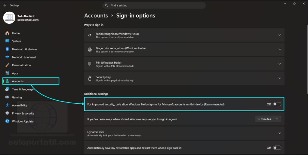 Desactivar la exigencia de Windows Hello